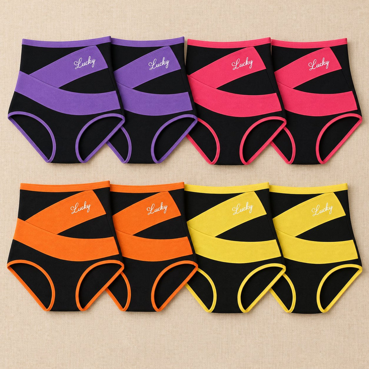 Eight cross-band shaping briefs laid flat: two purple, two magenta pink, two orange and two yellow, all with a black body