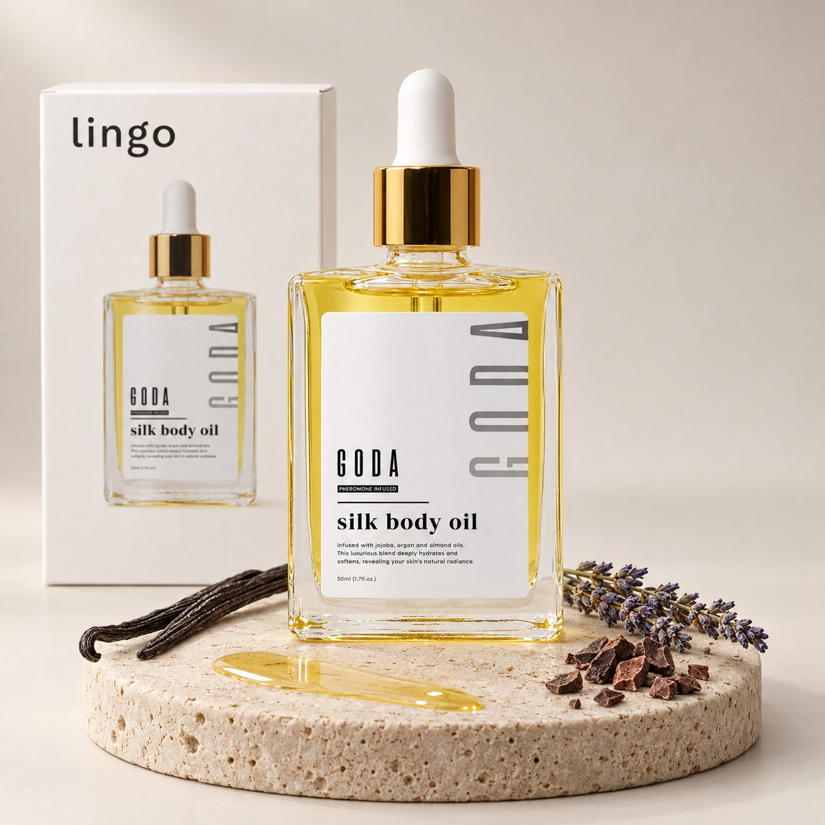 Silk Body Oil on a stone with vanilla, lavender and cacao, the lingo box behind