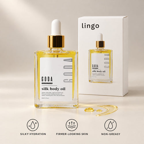 Silk Body Oil bottle with its lingo box: silky hydration, firmer-looking skin, non-greasy