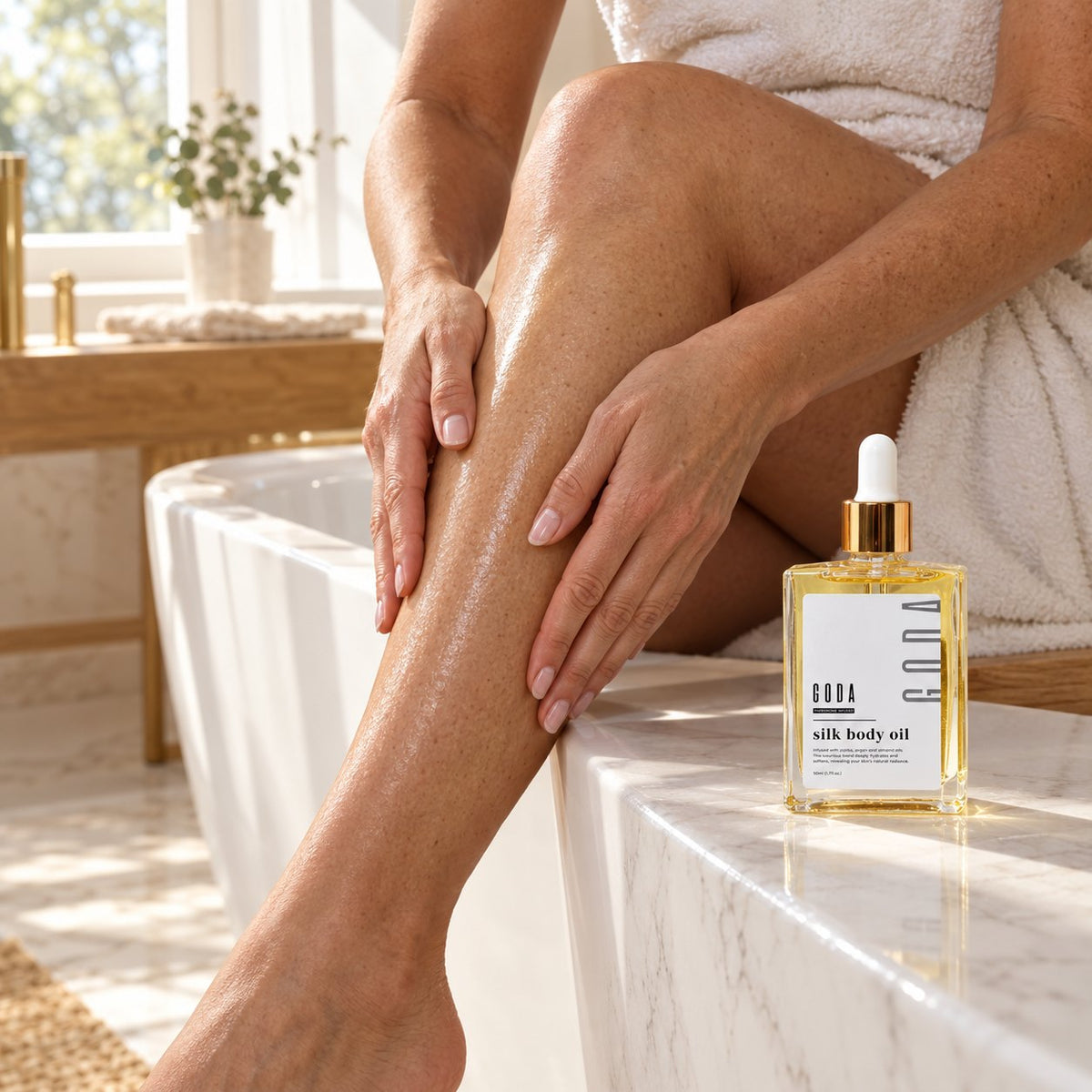 Smoothing the oil down the leg on the edge of the bathtub