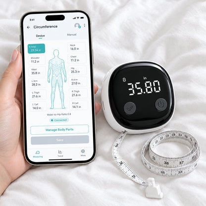 Phone showing the app with measurements saved by body part, next to the smart tape measure showing 35.80 in