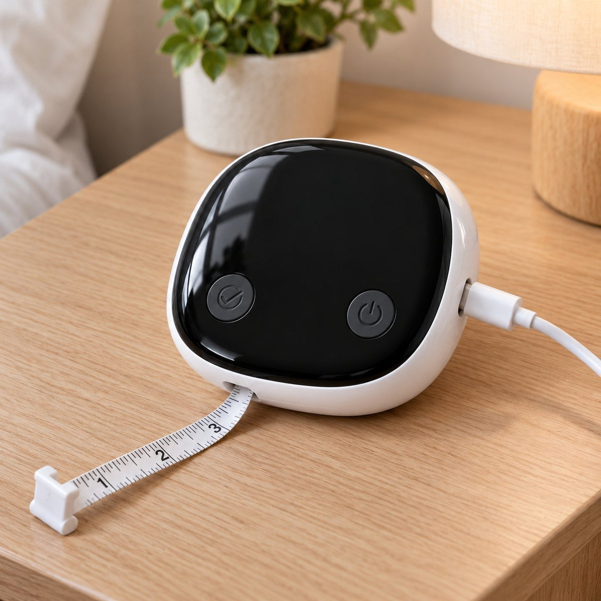 Smart tape measure charging on a nightstand with a USB-C cable plugged into its side