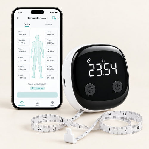 White and black smart body tape measure with its LED screen showing 23.54 in, next to a phone with the app's body measurement screen