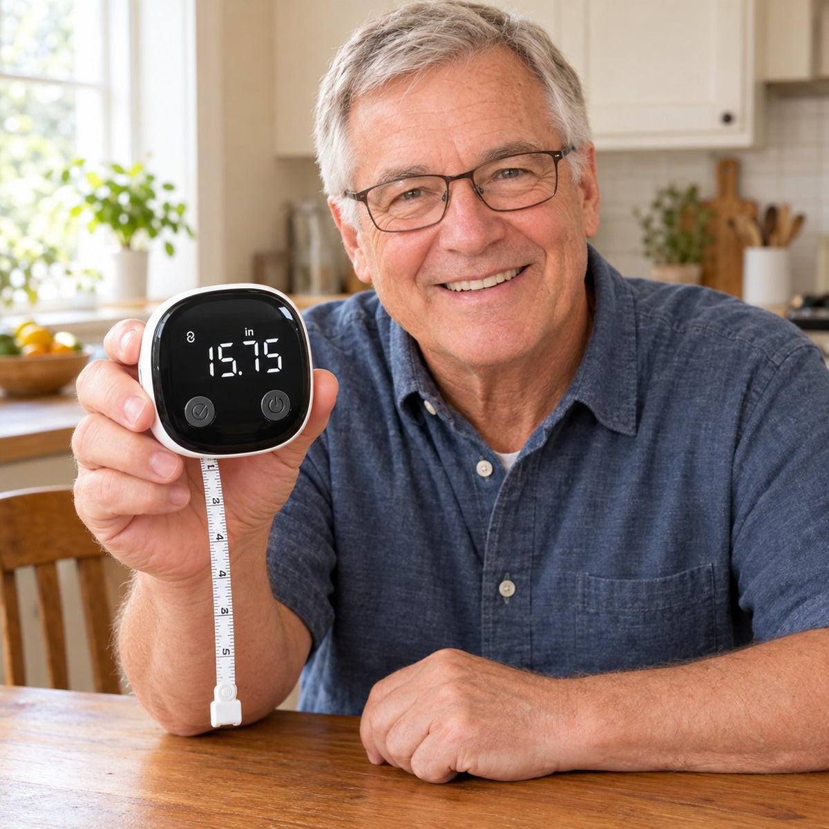 Smiling older man holding the smart tape measure, its big LED screen showing 15.75 in