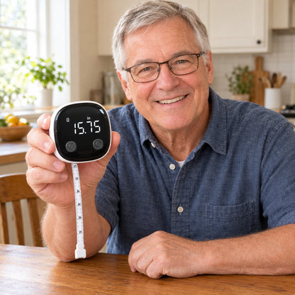 Smiling older man holding the smart tape measure, its big LED screen showing 15.75 in