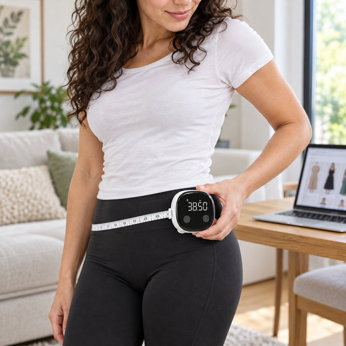 Woman measuring her hips with the smart tape measure next to a laptop showing an online clothing store