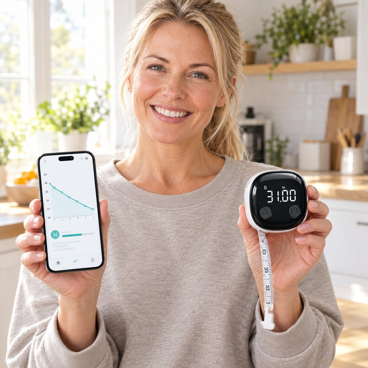Smiling woman holding her phone with a waist trend chart and the smart tape measure showing 31.00 in
