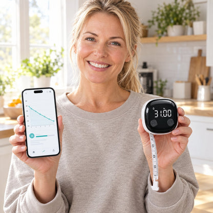 Smiling woman holding her phone with a waist trend chart and the smart tape measure showing 31.00 in