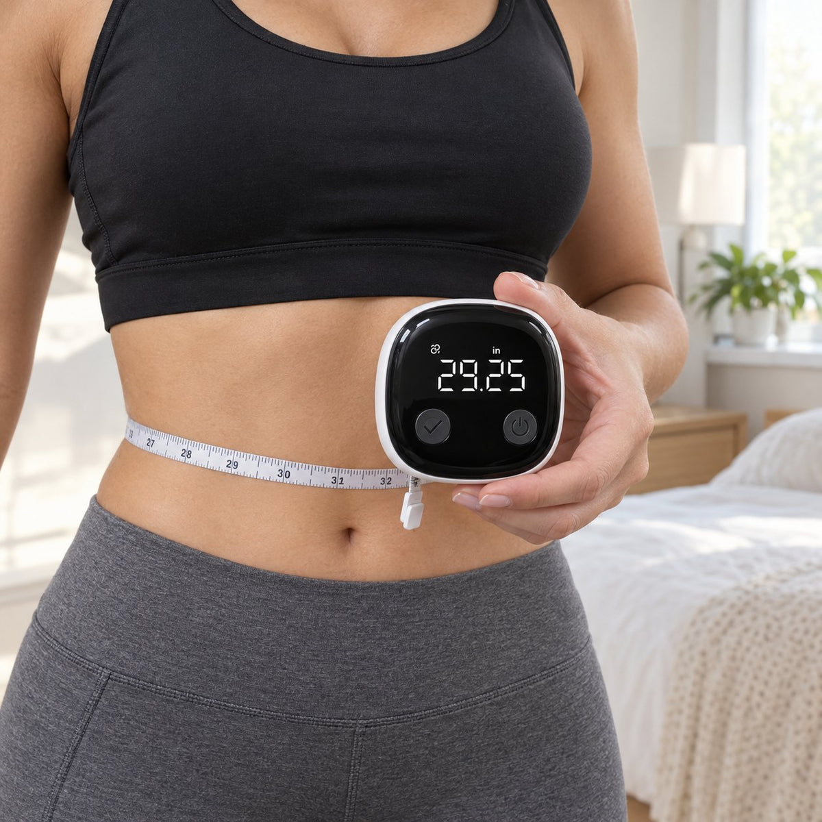 Woman measuring her waist with the smart tape measure, the screen showing 29.25 in