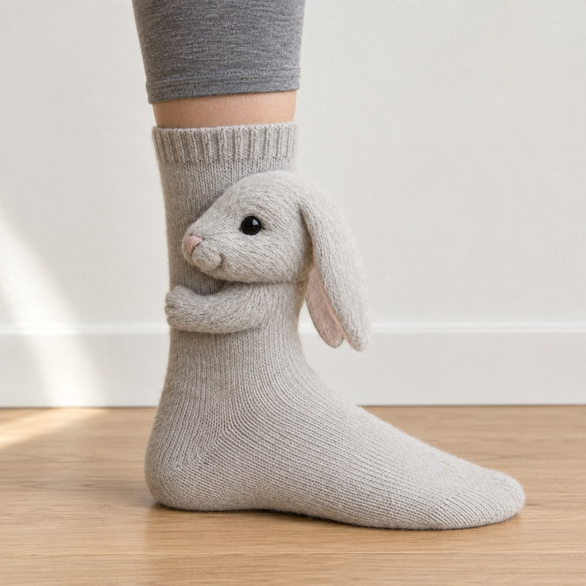 Light grey knit sock with a 3D knitted grey bunny with long floppy ears hugging the ankle