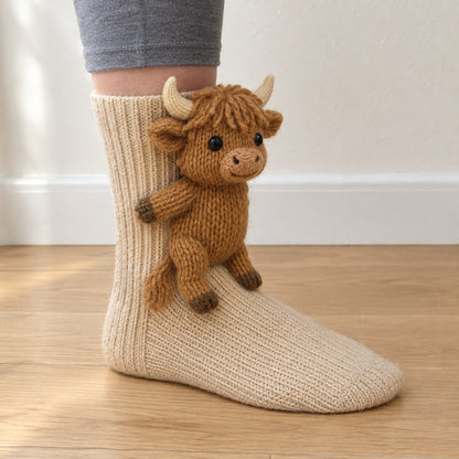 Cream ribbed knit sock with a 3D knitted highland cow