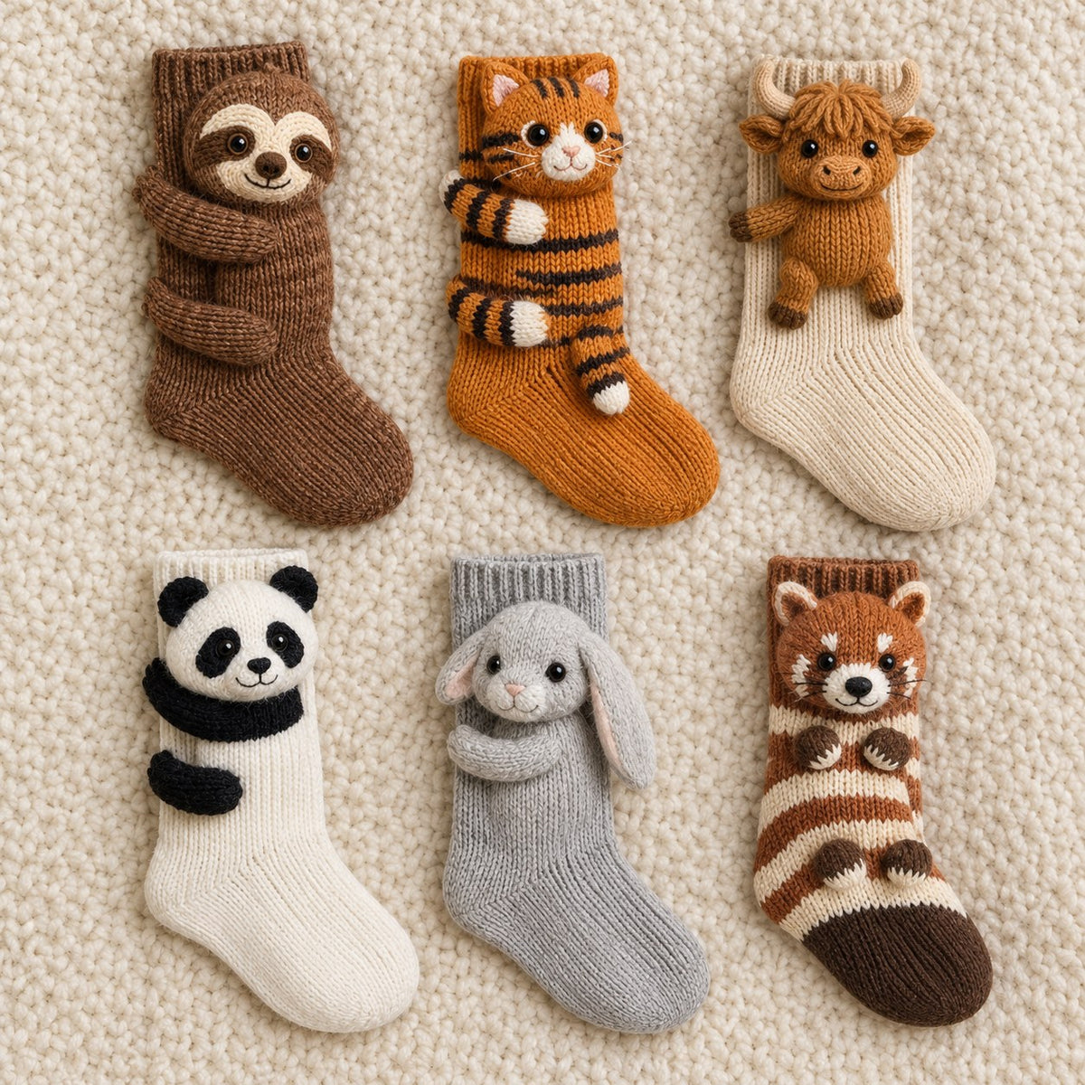 The six 3D animal knit socks laid out together: sloth, orange tabby cat, highland cow, panda, grey bunny and red panda