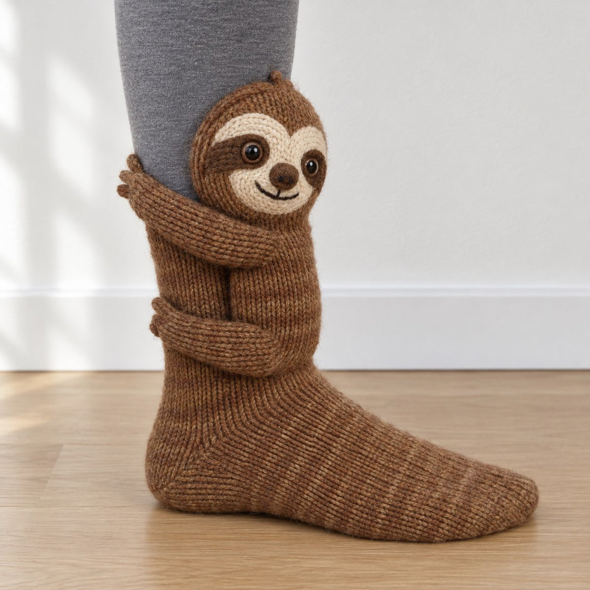 Brown knit sock with a 3D knitted sloth hugging the ankle