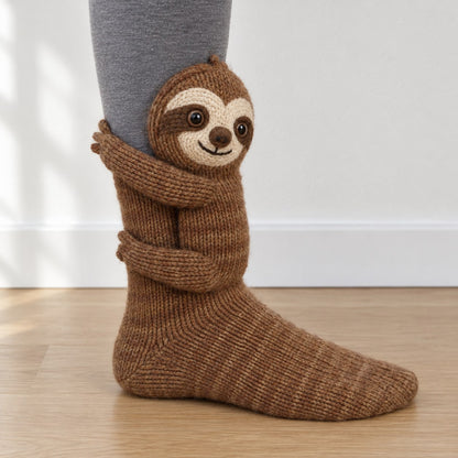 Brown knit sock with a 3D knitted sloth hugging the ankle