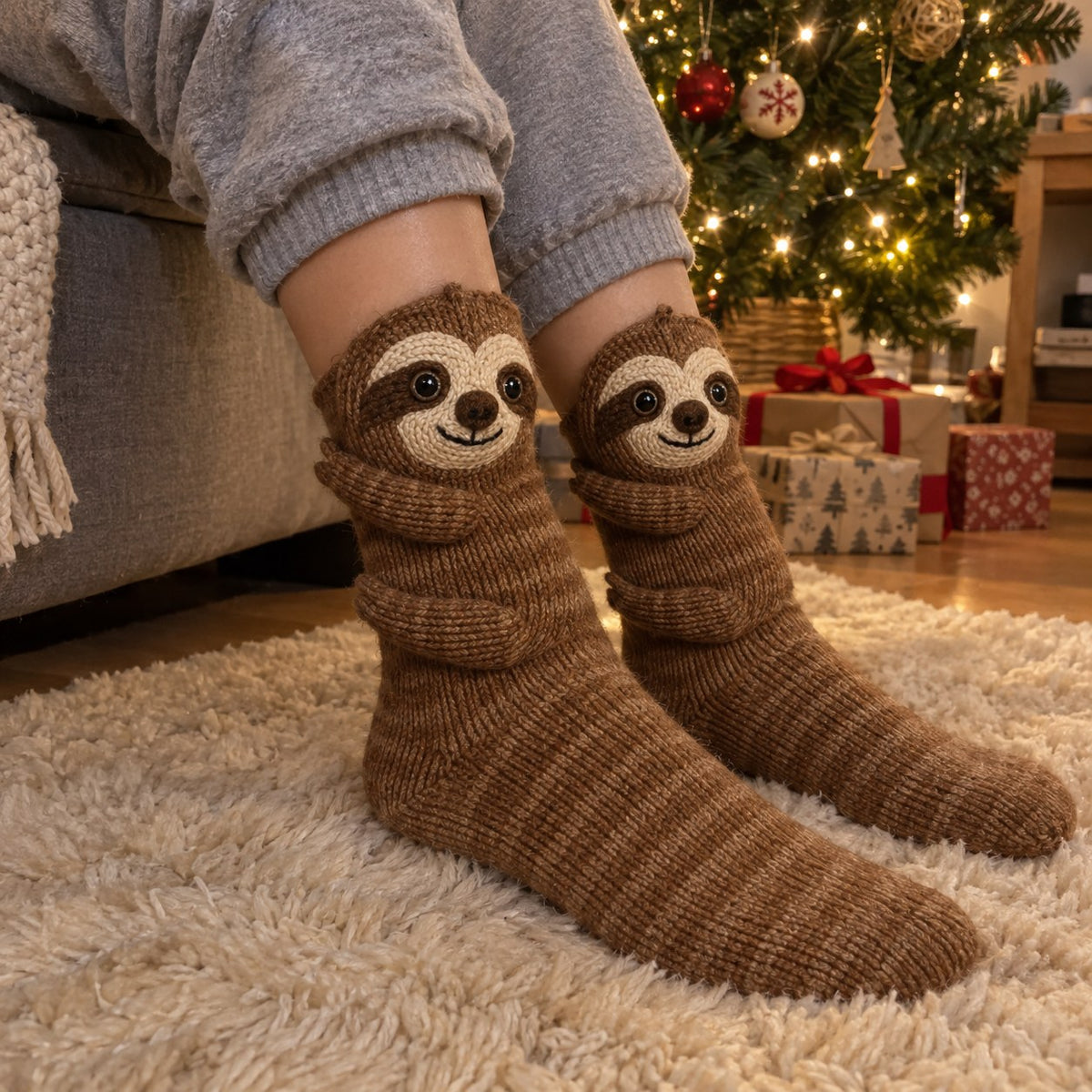 Feet in sloth socks on a fluffy rug next to a lit Christmas tree