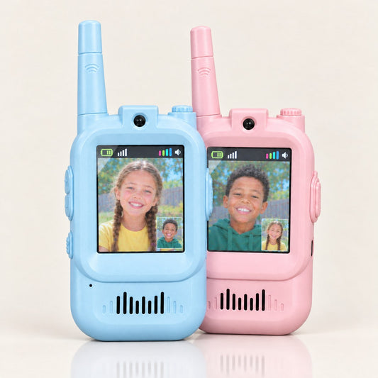 Blue and pink kids' video walkie-talkies side by side, each screen showing the other child's face
