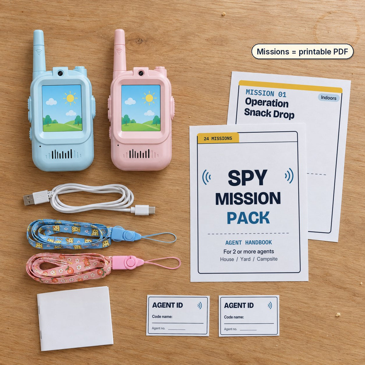 What's in the kit: two video walkie-talkies, USB-C cable, two lanyards, manual and the printed mission pages