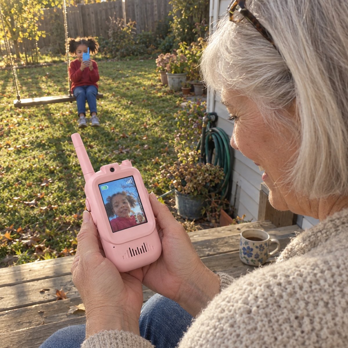 A grandmother on the porch laughs at her granddaughter on the walkie screen while the girl plays on the swing