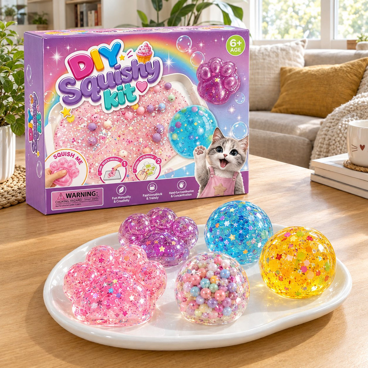 DIY Squishy Kit box on a table with five finished squishies: paws and glitter balls