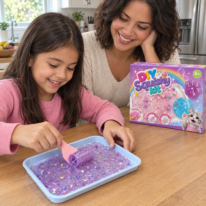 Girl rolling clear purple glitter gel on a tray with a scraper, her mother watching