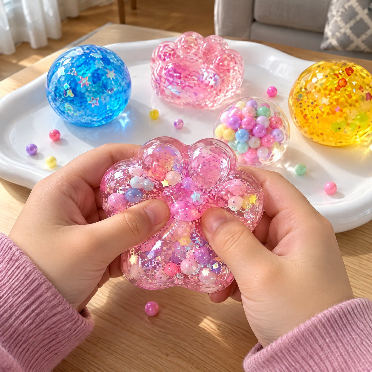 Child squeezing a clear glitter cat-paw squishy full of beads