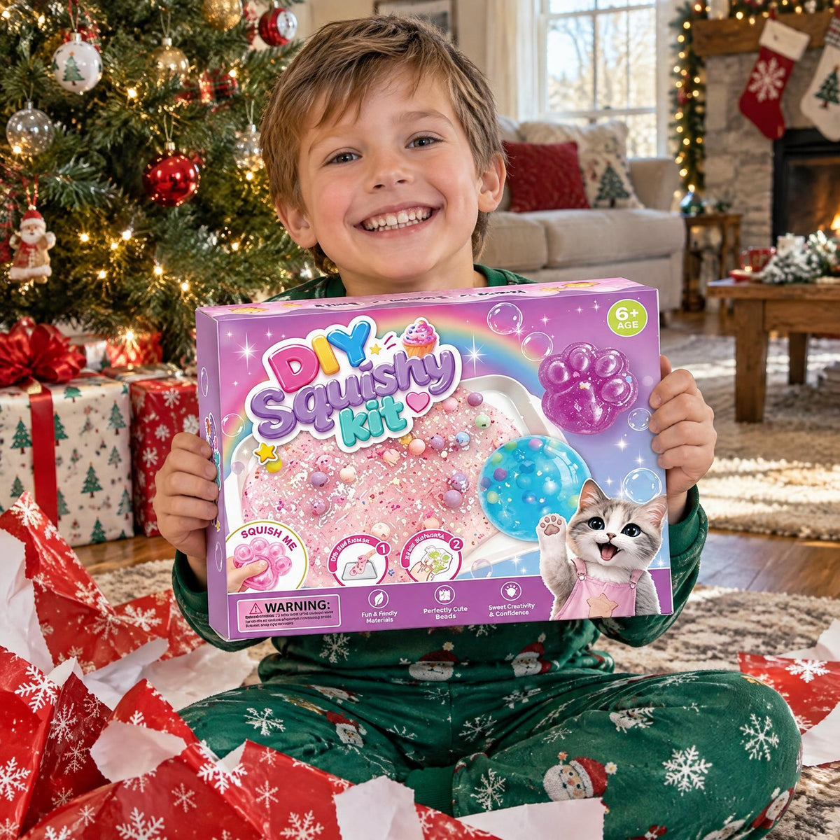 Boy holding up the DIY Squishy Kit box by the Christmas tree