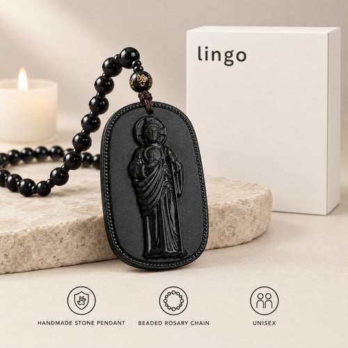 San Judas Tadeo necklace with the lingo box: handmade stone pendant, beaded rosary chain, unisex