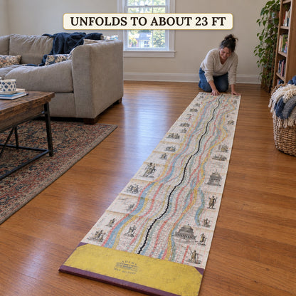 The chart fully unfolded across a living-room floor, with a woman at the far end for scale