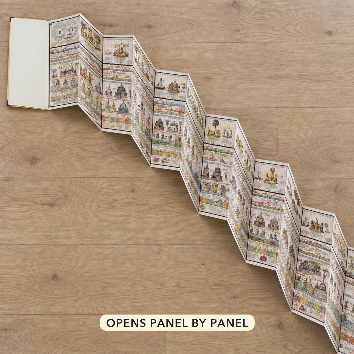 Overhead view of the book open with its accordion panels unfolding in a zig-zag across the floor