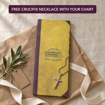 The chart ready to wrap, with the free crucifix pendant necklace resting on its cover