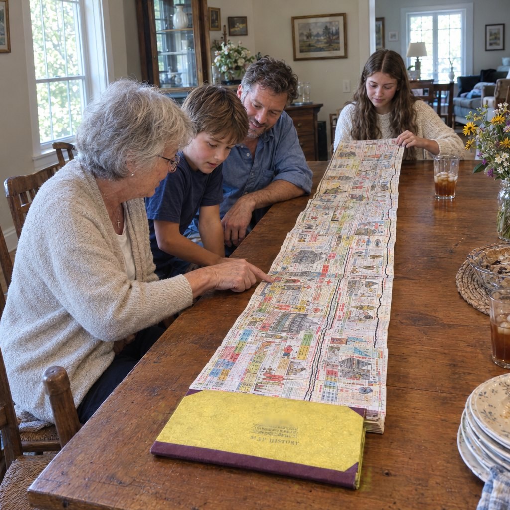 Three generations gathered around the chart unfolded along a dining table on a Sunday afternoon