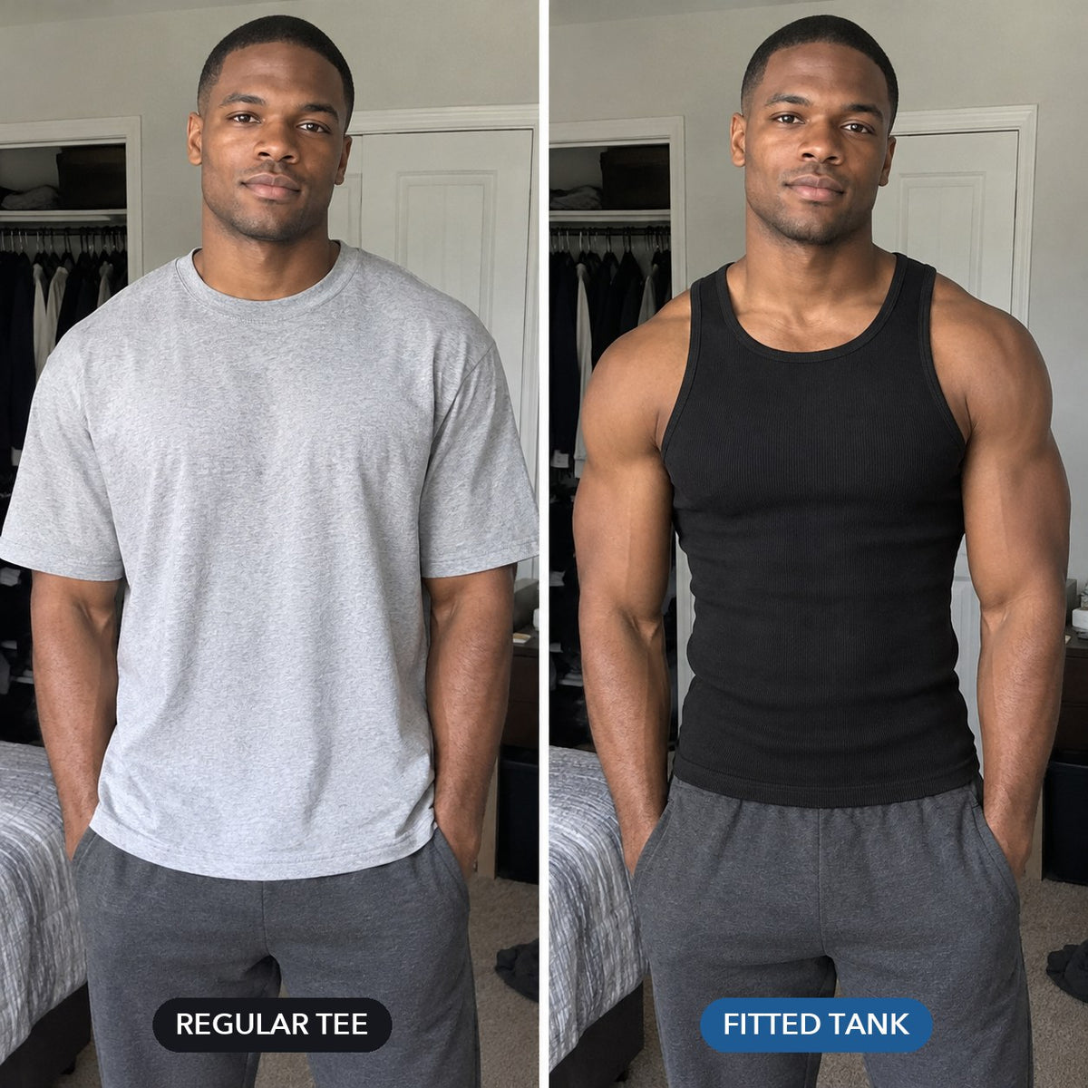 The same man side by side: a boxy regular t-shirt on the left, the black fitted ribbed tank on the right