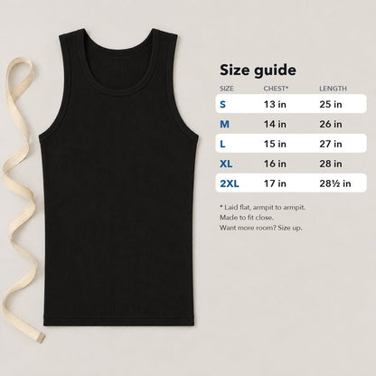 Size guide next to the black tank: chest laid flat and length in inches for sizes S to 2XL