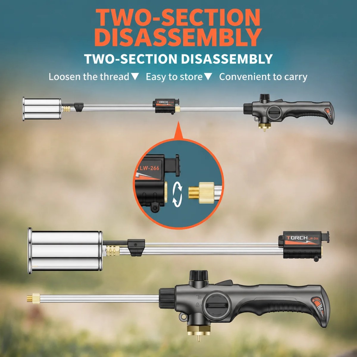 The torch comes apart in two sections: extension wand and trigger handle