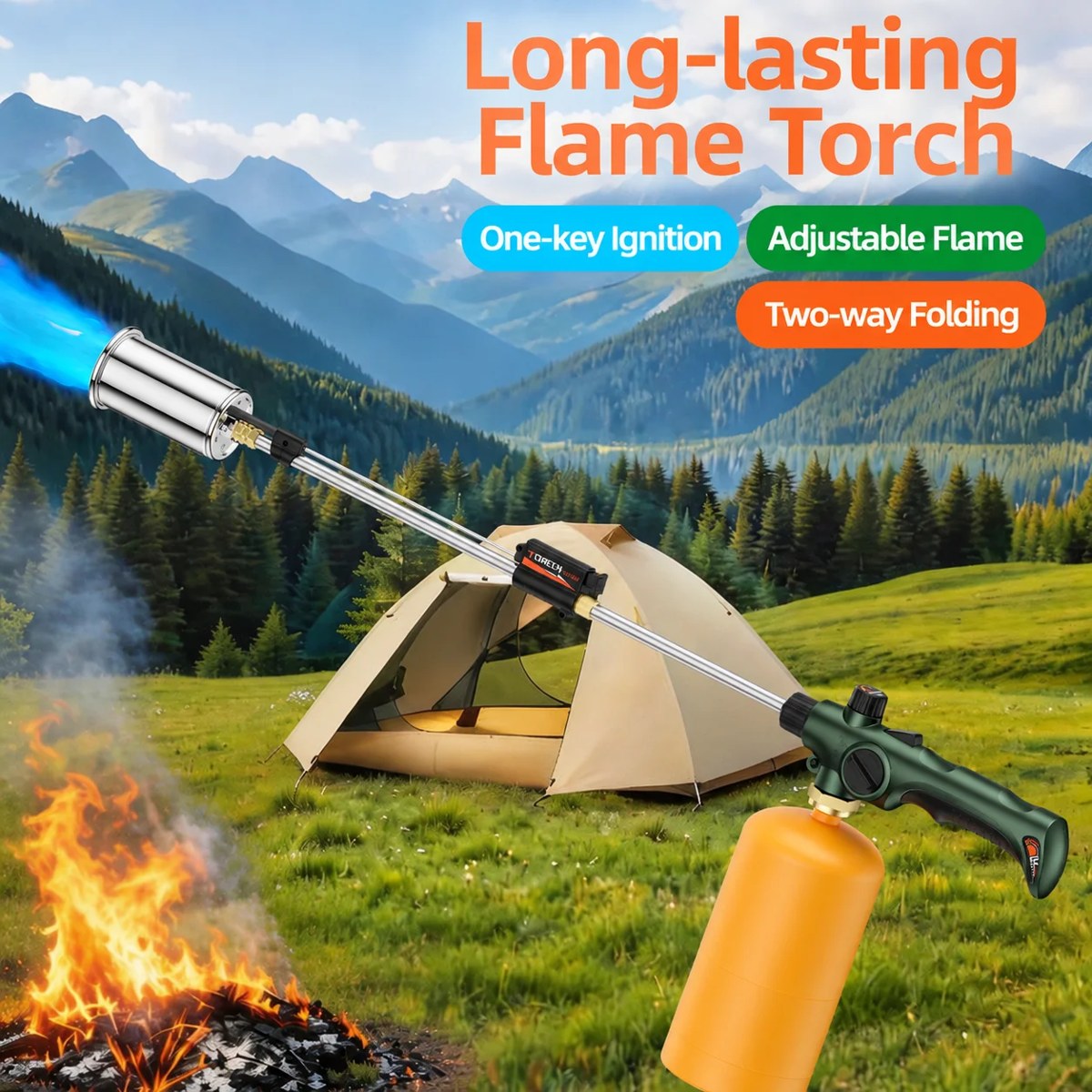 Propane torch gun with trigger ignition and adjustable flame, on a propane bottle