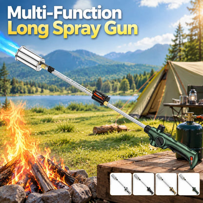 Long propane torch gun lighting a campfire outdoors