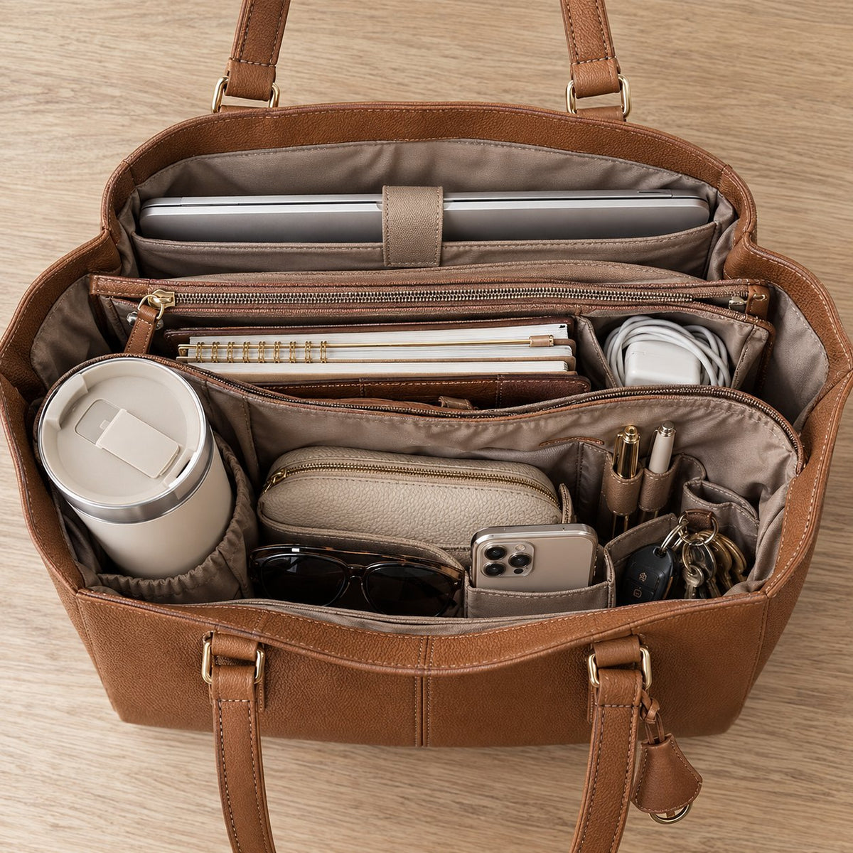 Top view inside the tote: laptop sleeve, zippered middle compartment, tumbler pocket and small pockets, all organized
