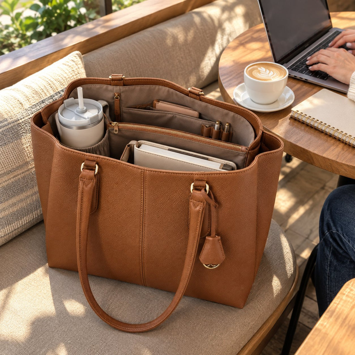 Cognac tote on a cafe bench, open to show the tumbler pocket and compartments, next to a laptop and a latte