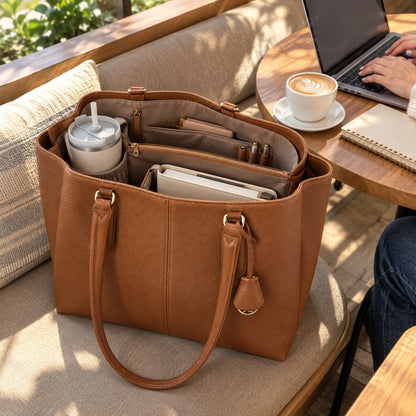 Cognac tote on a cafe bench, open to show the tumbler pocket and compartments, next to a laptop and a latte