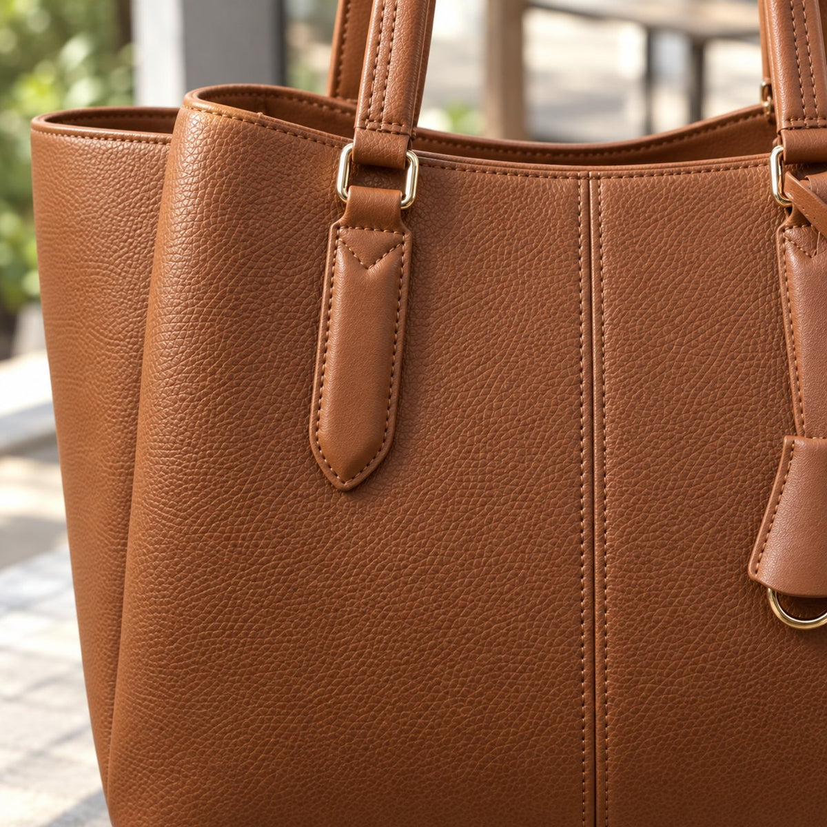 Close-up of the pebbled cognac faux leather, stitching and gold hardware of the tote