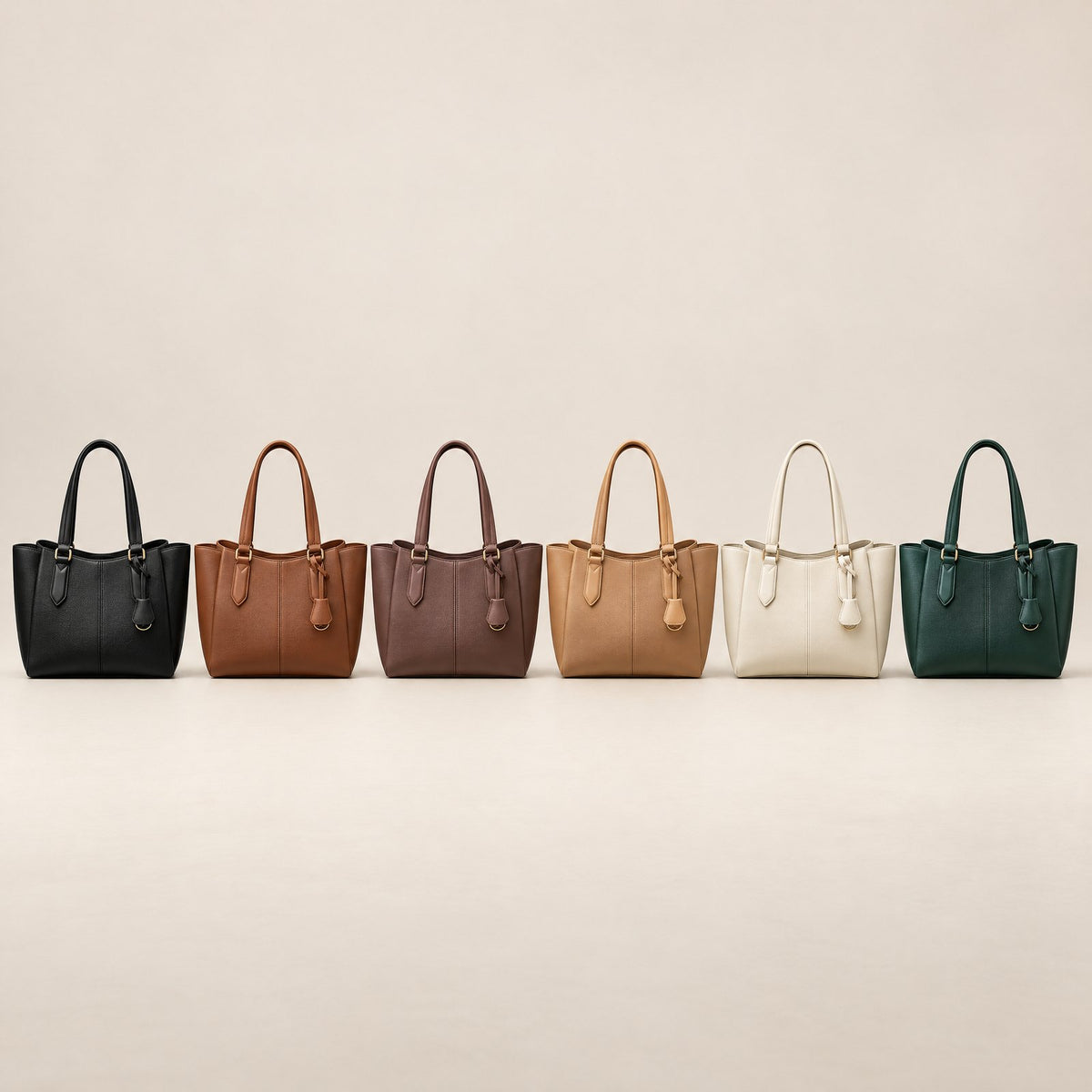 The Everyday Organizer Tote in six colors: black, cognac brown, mocha, camel, cream and forest green