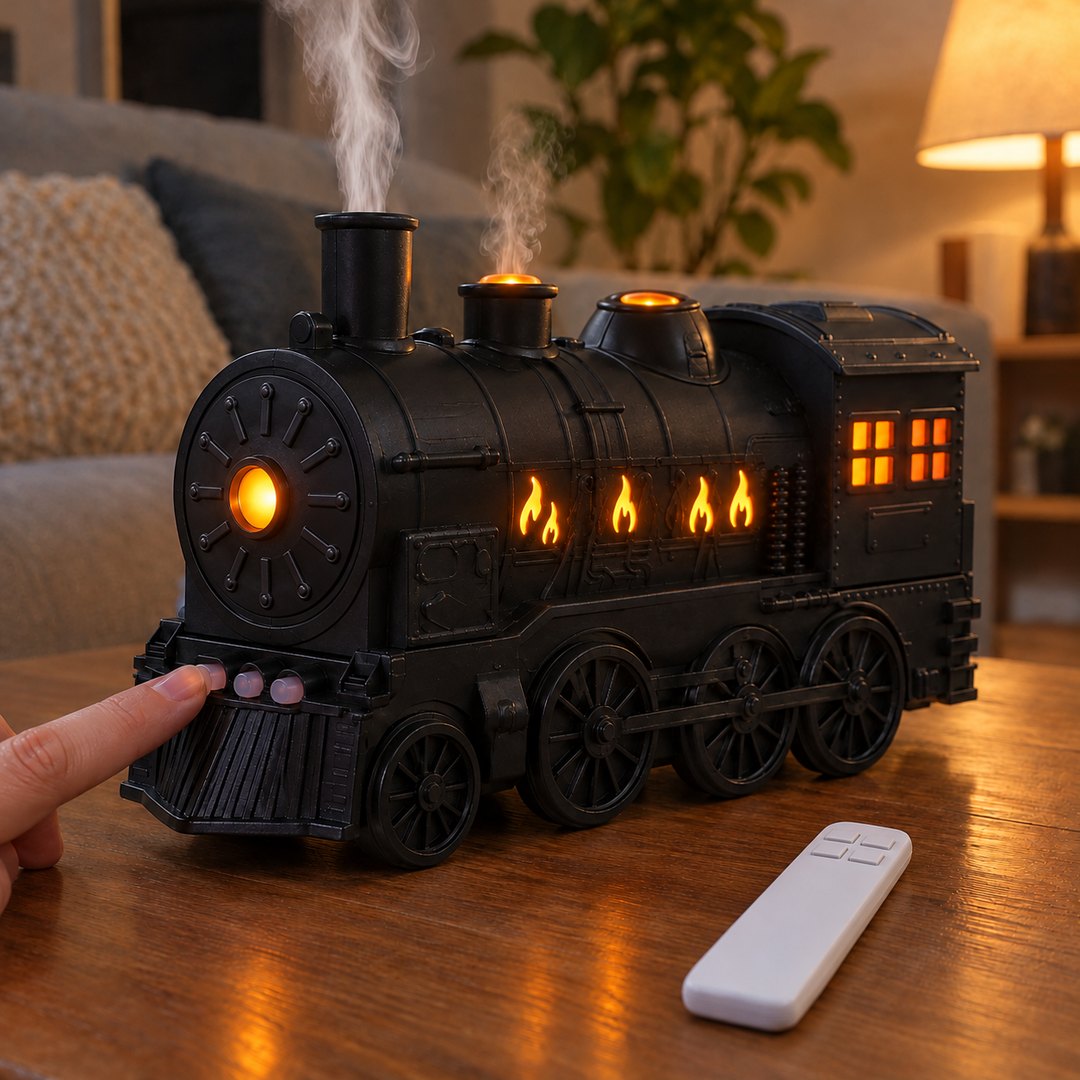 A finger presses the MIST button on the front of the train as mist puffs from the chimney, remote on the table