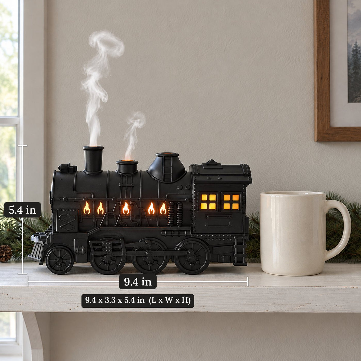 Side view of the steam train diffuser next to a coffee mug, about 9.4 inches long and 5.4 inches tall