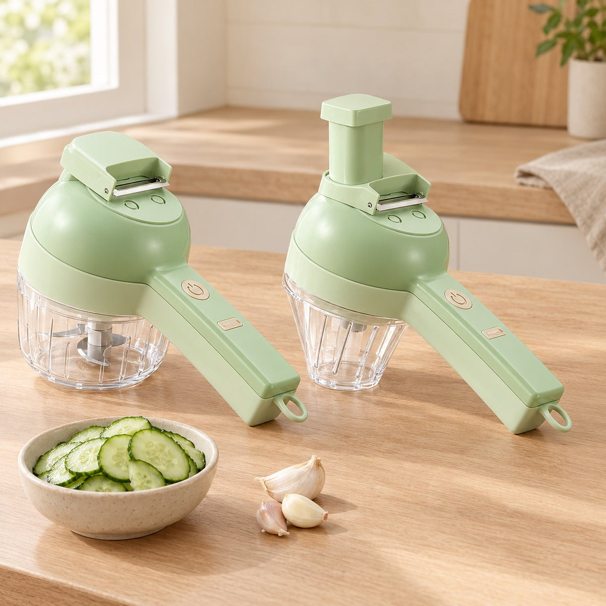 Two cordless vegetable cutters: one with the chopping bowl, one with the slicing chute