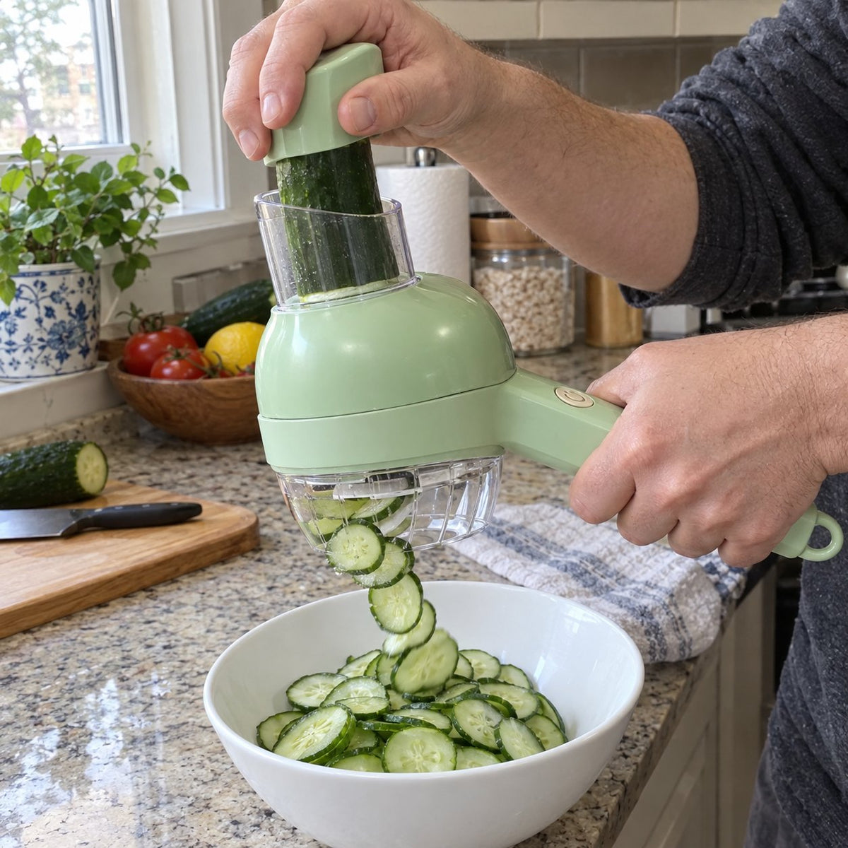 Cucumber slices falling from the slicing chute into a bowl