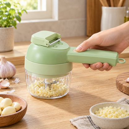 Thumb on the button while garlic chops in the bowl