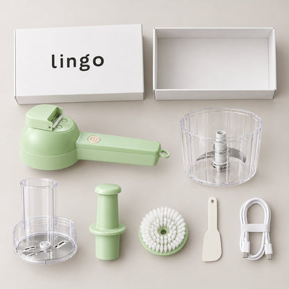 What's in the box: motor handle, bowl, slicer, pusher, brush, spatula, USB-C cable and the lingo box