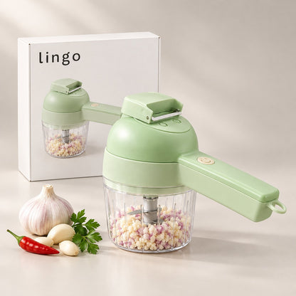 Cordless vegetable cutter full of minced garlic, next to its lingo box
