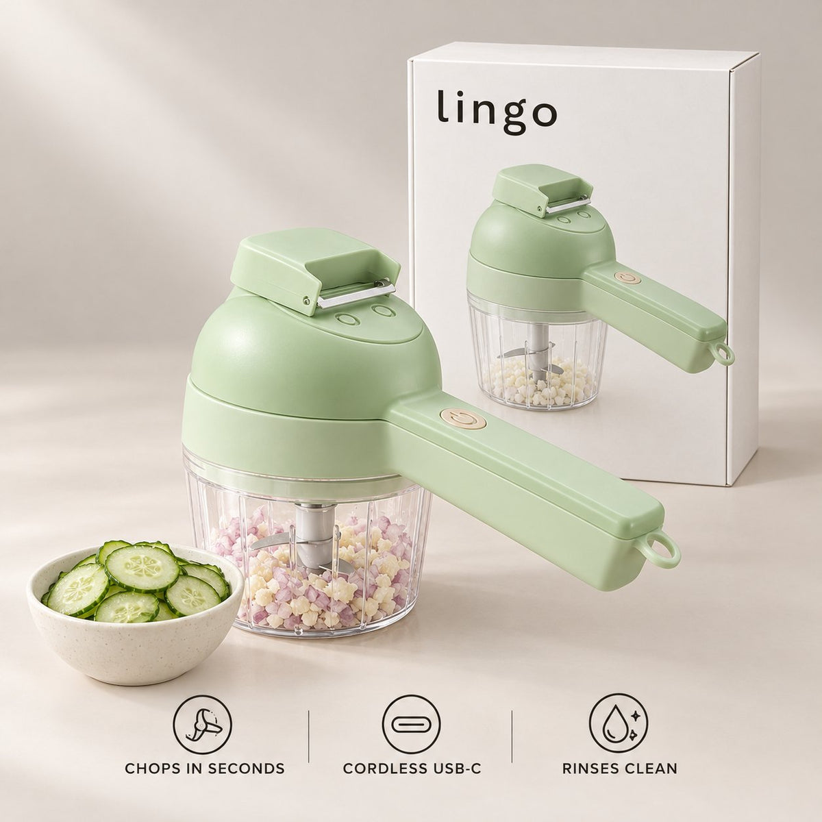 4-in-1 cordless vegetable cutter with its lingo box: chops in seconds, cordless USB-C, rinses clean