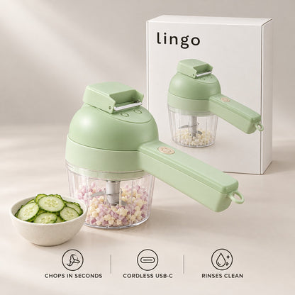 4-in-1 cordless vegetable cutter with its lingo box: chops in seconds, cordless USB-C, rinses clean